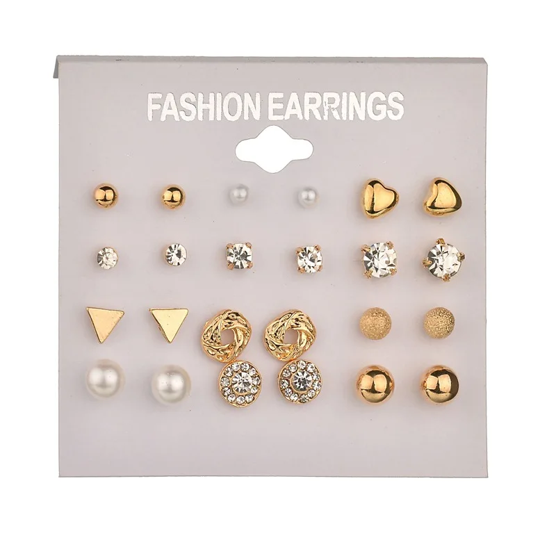 

2018 Fashion 12 pair/set Women Gold Chain Square Crystal Heart Stud Earrings for Women Piercing Simulated Pearl Flower Earrings