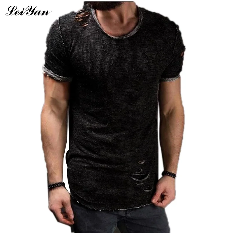 Hole ripped t shirts mens short sleeve t shirt fitness bodybuilding men