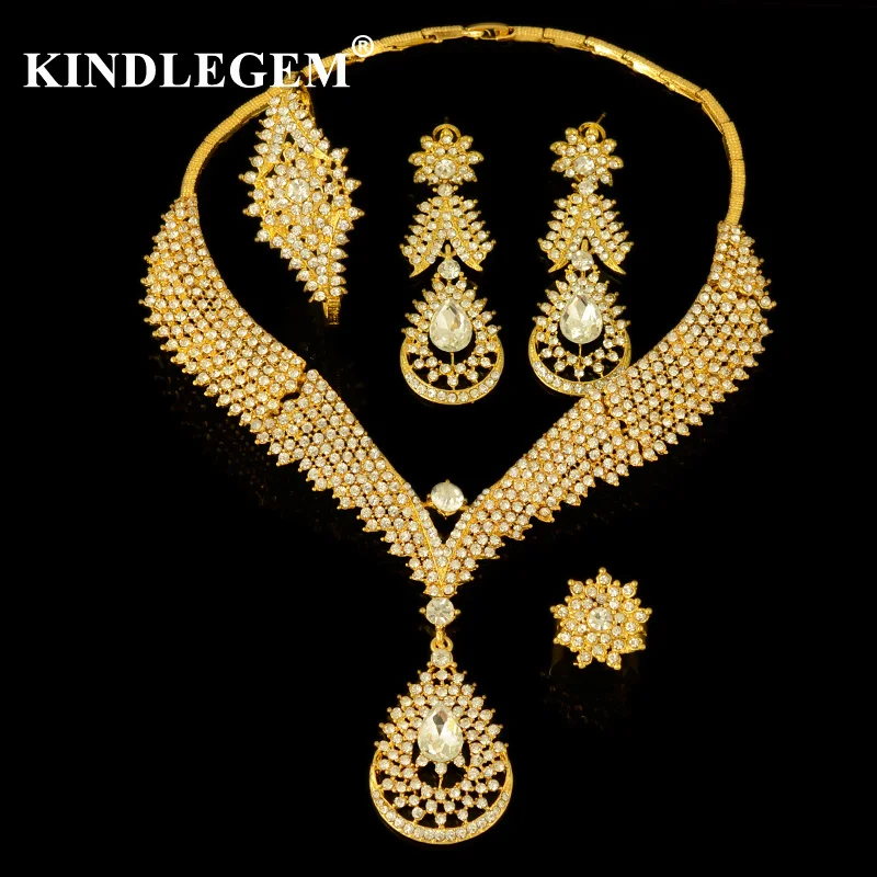 

Kindlegem Luxury Big Earrings Collier Necklace Bracelet Ring Set Moon Pear Stone Statement Jewelry Women's Ensemble Bijoux Femme