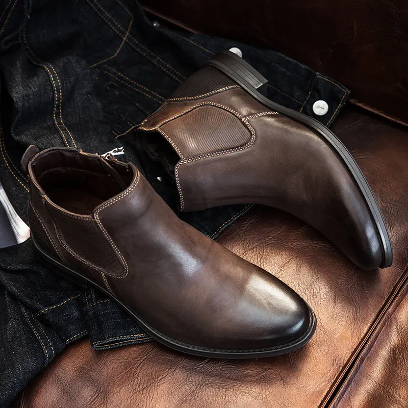 Мужские Ботинки «челси» с острым носком из натуральной кожи, мужской Ботильоны без застежки Бизнес мужские туфли-оксфорды; Осенне-зимние повседневная обувь - Цвет: Coffe