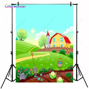 

Kids Cartoon Background Photography Yellow Wooden House with Fence 5x7ft Blue Sky with Green Garden Backdrops for Photo Booth