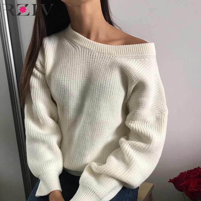 

RZIV autumn women sweaters and pullovers casual white solid color round neck loose knit sweater