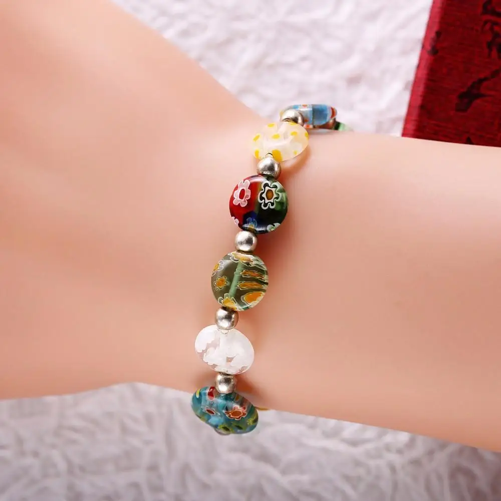 LNRRABC бисерный смешанный цвет лэмпворк стеклянный шарик муранского Millefiori браслет Венецианская распродажа растягивающиеся браслеты для женщин