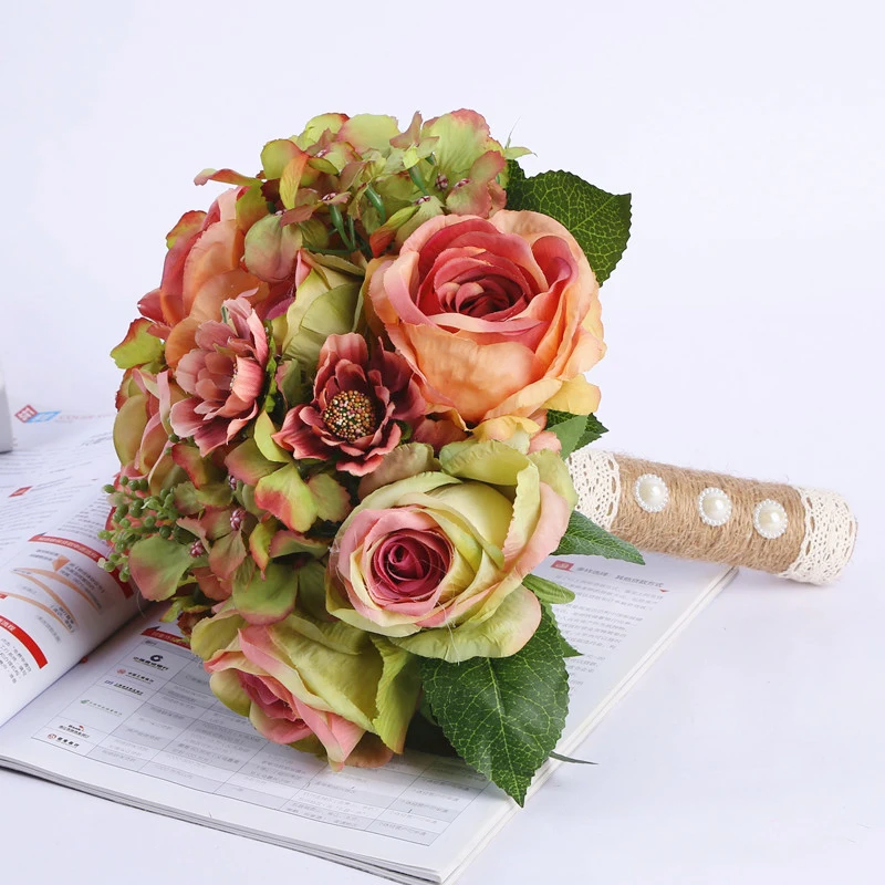 JAROWN Simulation Rose Wedding Bride Holding Flowers European Style Artificial High Quality Silk Fake Bouquets Home Decor Flores (10)