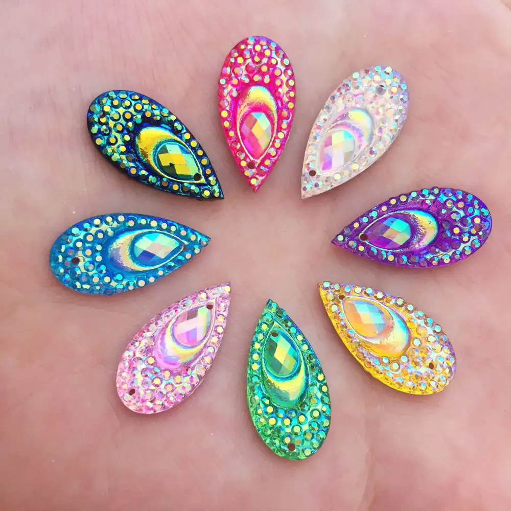 

40PCS AB Resin 10*20mm Teardrop Peacock eye Flat back rhinestone applique scrapbook Wedding Embellishment diy 2 hole craft SK83