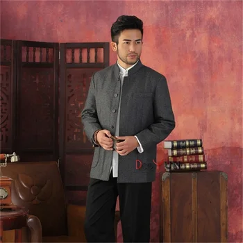 

Spring Autumn Black Gray Chinese Traditional Men's Jacket Striped Wool Coat Middle-aged Chinese tunic suit S M L XL XXL XXXL