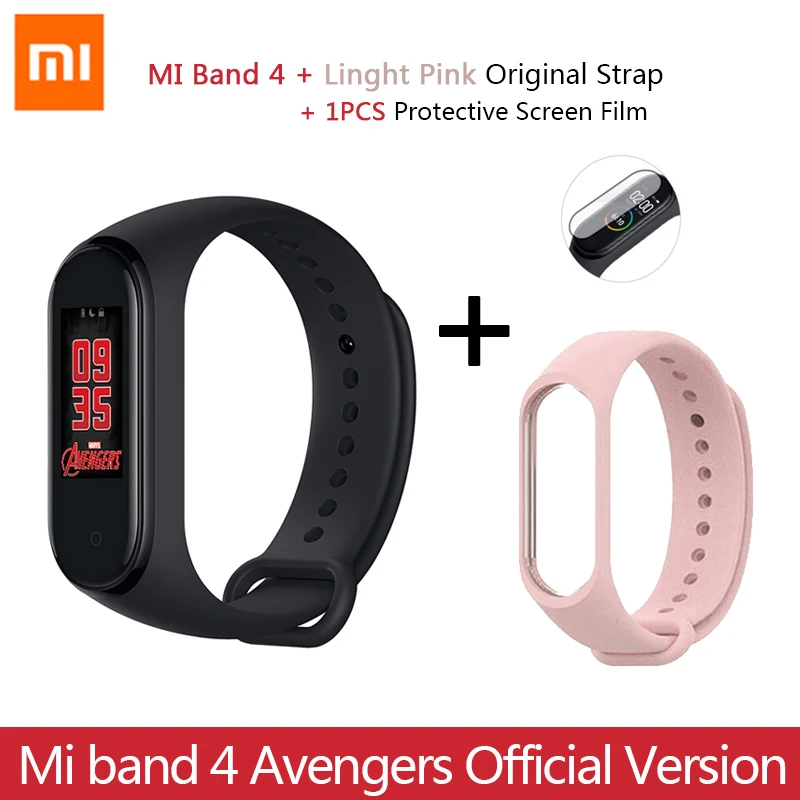 Новейший Xiaomi mi браслет 4 Мстители официальное издание Смарт mi Band 4 Мститель браслет Bluetooth 5,0 пульсометр фитнес - Цвет: add Orig pink strap