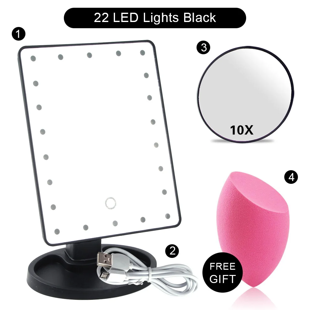 Затемняемый Светодиодный зеркало для макияжа 16/22 лампочки освещенный туалетный столик косметический с 10x увеличительным зеркалом Регулируемый USB или батареи - Цвет: BK 22 Lights Set C
