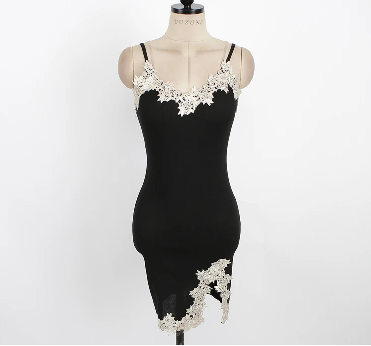 Новинка, Брендовое женское летнее платье на бретельках с открытой спиной, сексуальное платье с вышивкой и аппликацией, облегающее черное платье с разрезом, Vestidos