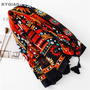

KYQIAO women vintage neck scarf female autumn winter Mexico style ethnic original long red print pattern scarf neckerchief