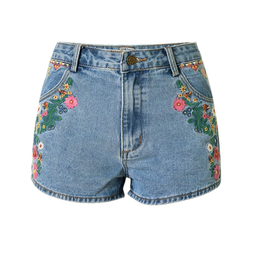 2022 New flower embroidered shorts jeans women Vintage ethnic style Slim  high waist shorts casual boho Blue denim for feminine
