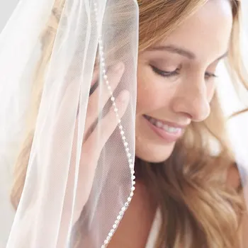 

Pearl Bridal Veil, Beaded Wedding Veil, White Ivory 1 Layer Veil, Elbow Knee Veil