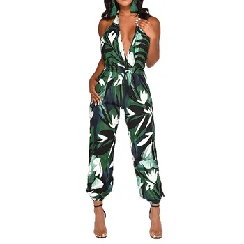 

Fashion 2019 Summer Women Deep V Neck Jumpsuit Sexy Lantern Boho Jumpsuit Backless Print Long Romper