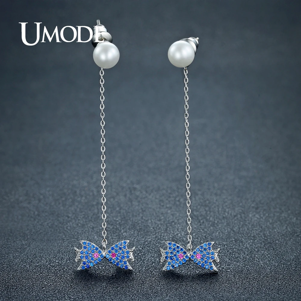 

UMODE Brand New Design Blue Crystal Fish Pearl Drop Earrings for Women Fashion Jewelry Long Cute Brinco Pendientes Mujer AUE0310