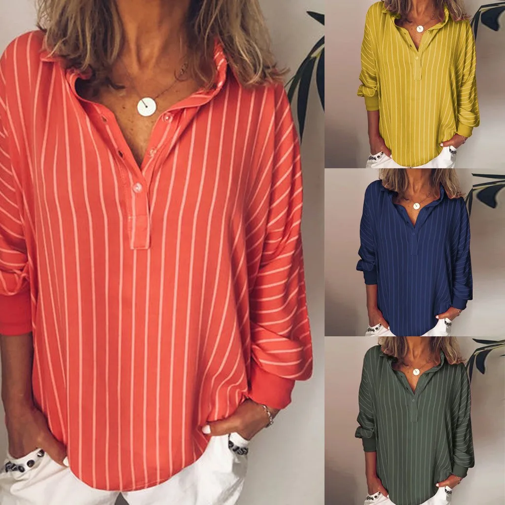 

Shirt Woman Loose Casual Striped Button Lapel Long Sleeve Shirts Top Vintage Blouse womens tops and blouses c0603