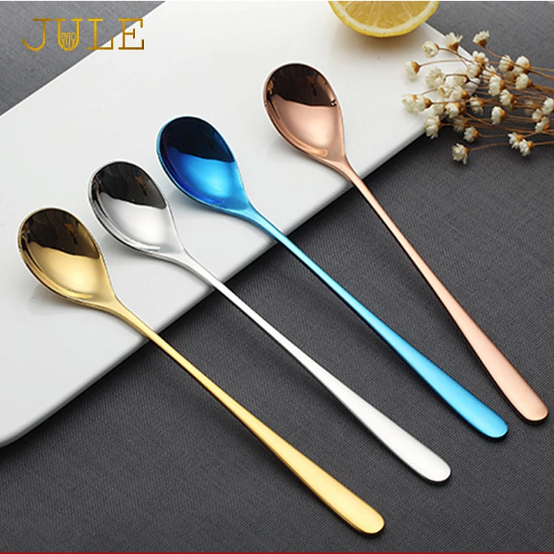 2PC Korean Stainless Steel Long Handled Ice Spoon High Quality Colorful