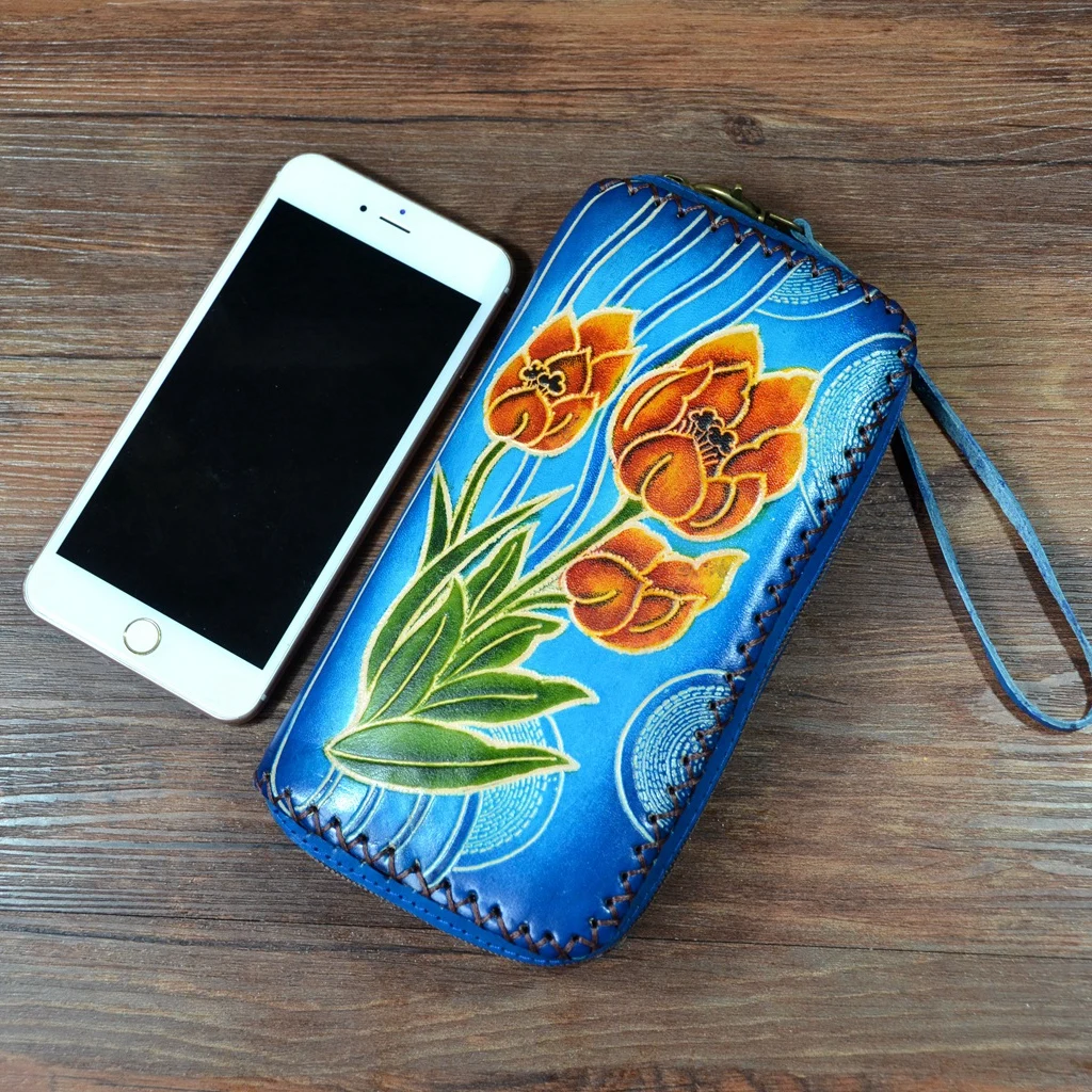Женский кошелек из натуральной кожи ручной работы Длинный кошелек на молнии сумка с рисунком