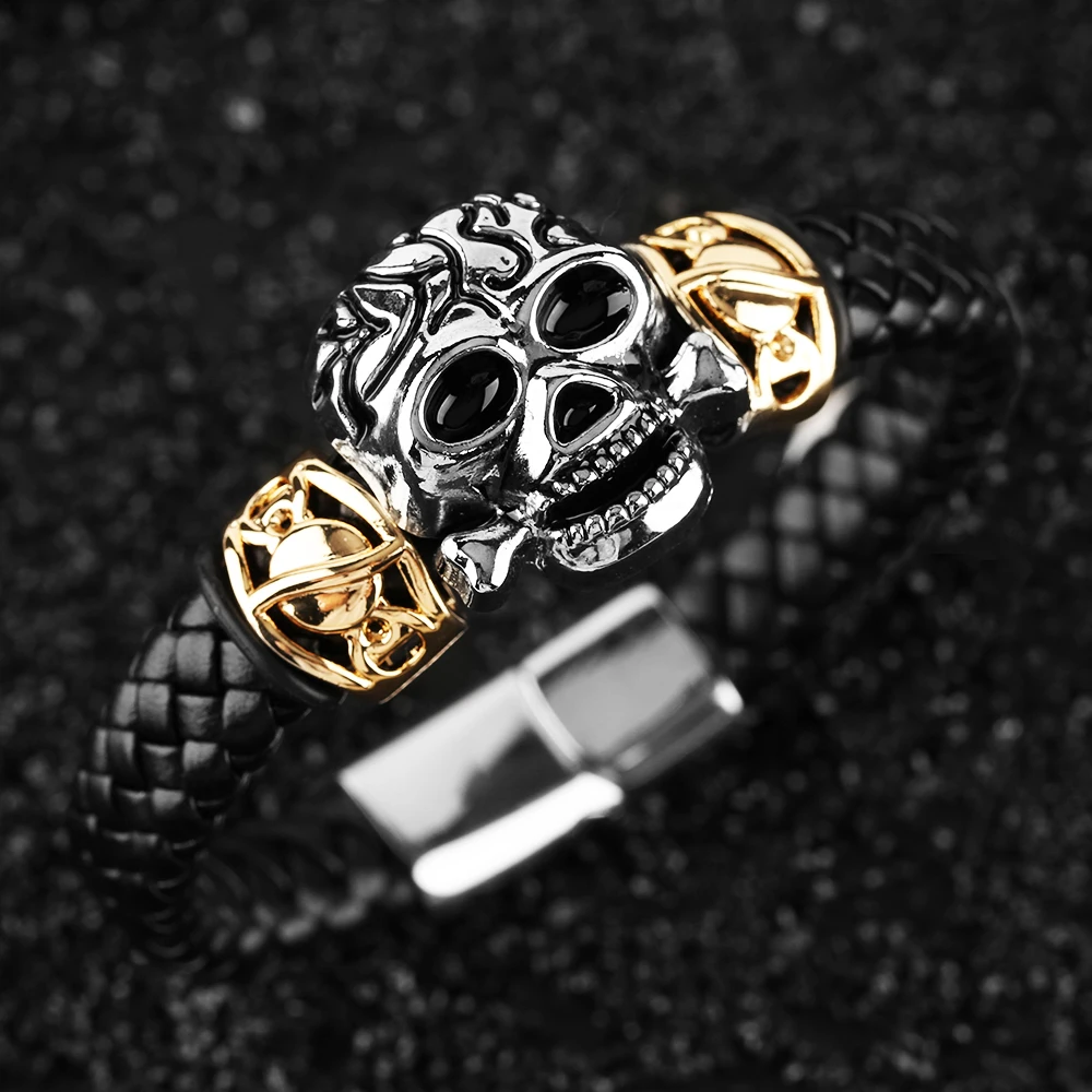 Lion Skull Eagle Punk Woven Bracelets Men Hot Sale Charm Bracelet Male Steampunk Skeleton Bangle Chain Black Leather Bangles (21)