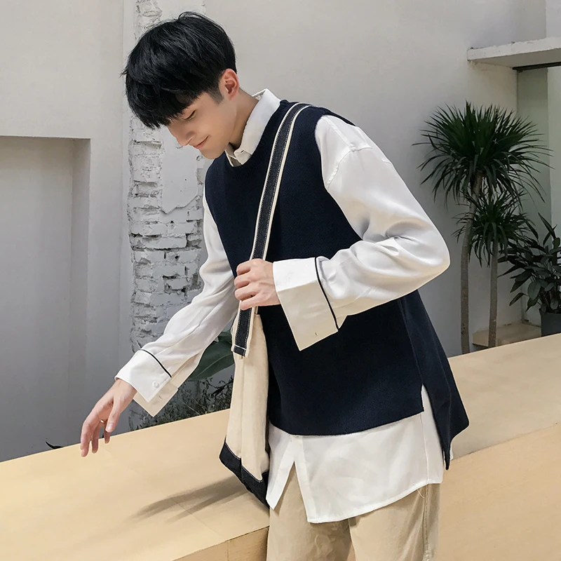 

Men's vest spring 2019 new elastic wool vest plain color round collar vest loose casual with personality young men