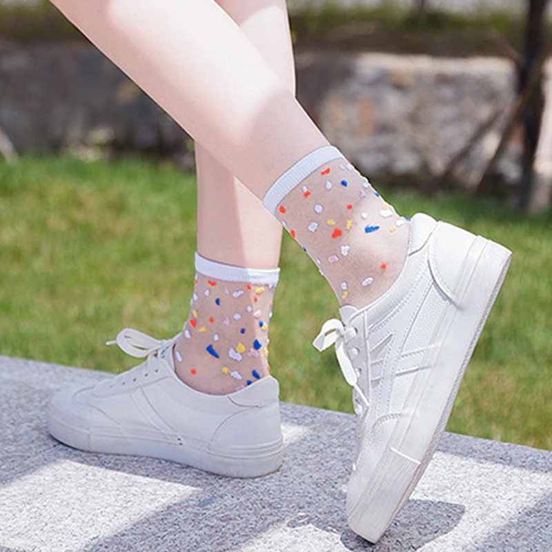 Женские прозрачные носки, летние женские модные милые прозрачные шелковые носки ярких цветов