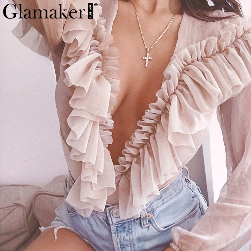 Glamaker العميق v الرقبة شاش شفاف كشكش ارتداءها النساء الشيفون طويل كم ارتداءها فضفاض عموما مثير الإناث الربيع رومبير