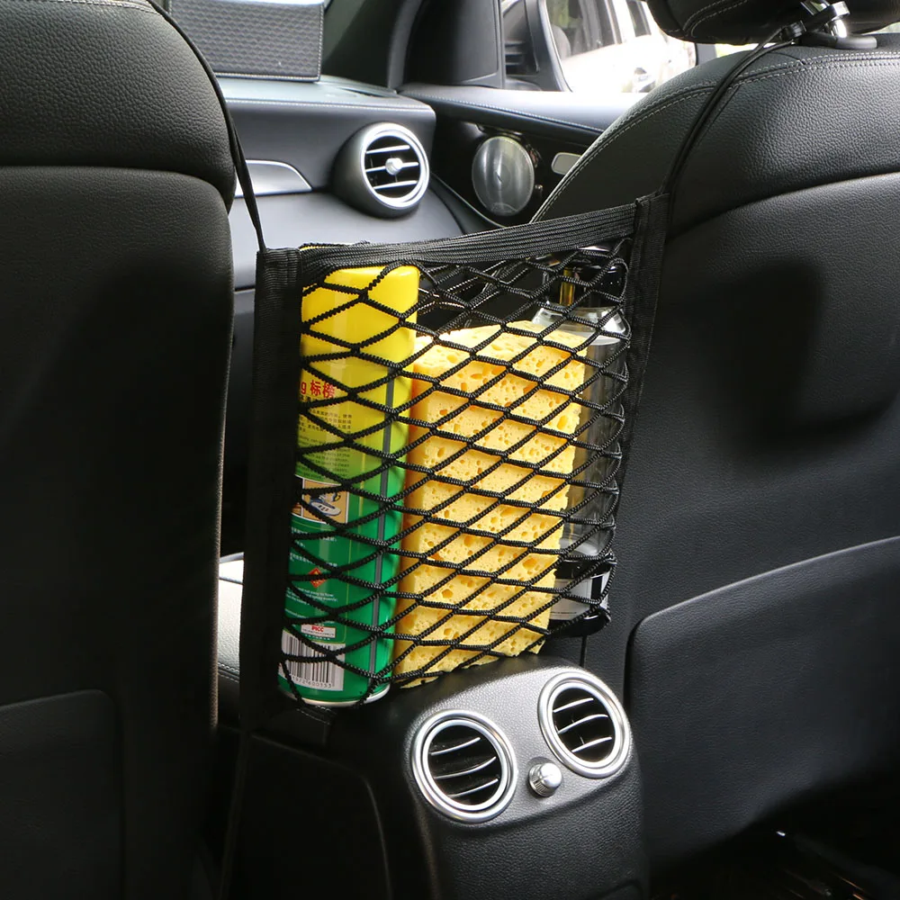 

Magic auto trunk to receive store content storage network /Elastic mesh net between car organizer seat back storage net bag