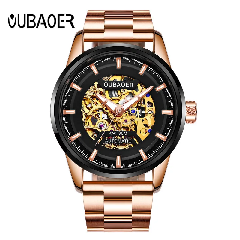 

OUBAOER Luxury Brand Men Watch Rose Gold Steel Automatic Skeleton Mechanical Watch Men Sport Waterproof Casual Wristwatch Clock