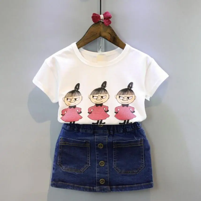 

Baby Kids Girls Clothing Printing Short Sleeve T-shirt+Jeans Skirt Set Outfits casual interesting pattern adorable July24