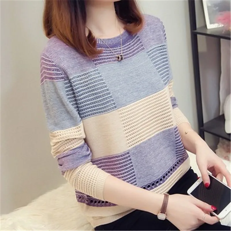 Весна-Осень, женский свитер, корейский цвет, Свободный Полосатый пуловер с длинными рукавами, вязаный осенний свитер AS1087 - Цвет: purple