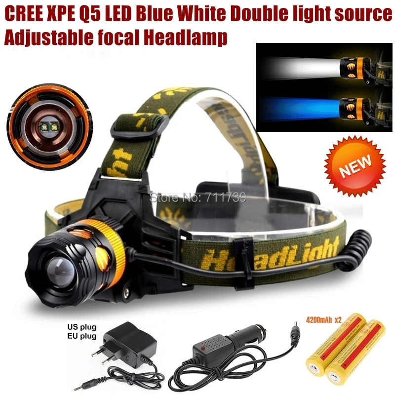 

AloneFire HP82 Cree XPE Q5 2 LED Blue white Double light source Zoom led Headlamp light with 18650 battery/charger/car charger