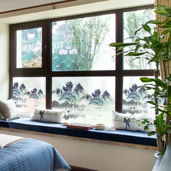 

Customized China wind electrostatic abrasive glass door sticker, transparent and opaque glass sticker on the living room balcony