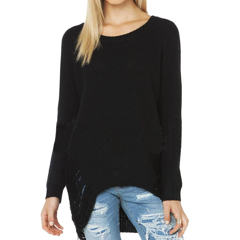 HYH HAOYIHUI 2016 Brand New Autumn Fashion Women Casual Solid Loose Hollow Top O-neck Lone Sleeve Party Distressed Sweater