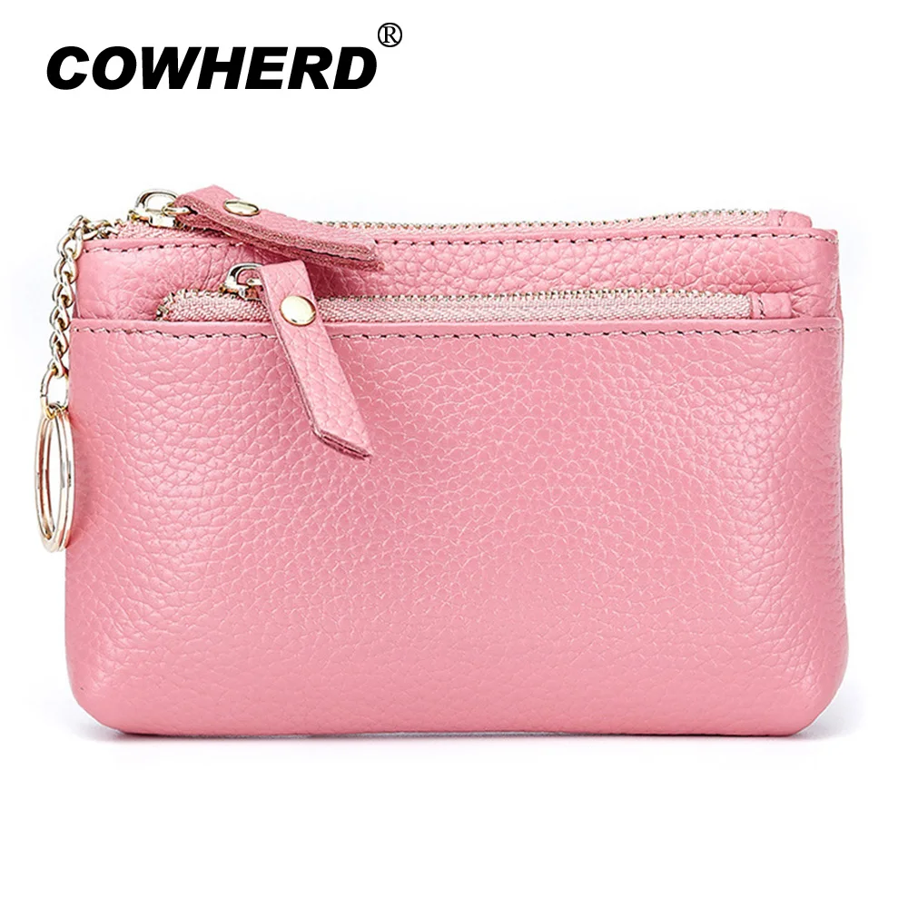 

COWHERD High Quality Genuine Leather Women Mini Wallet Cow Skin Leather Coin Purse Coin Credit Card Holder With Metal Ring