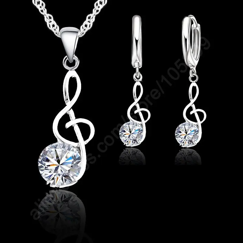 Hudební noty Sada šperků Real 925 Sterling Silver Cubic Zirconia Symboly Tvar Přívěsky Náhrdelníky Náušnice Sady Dárky