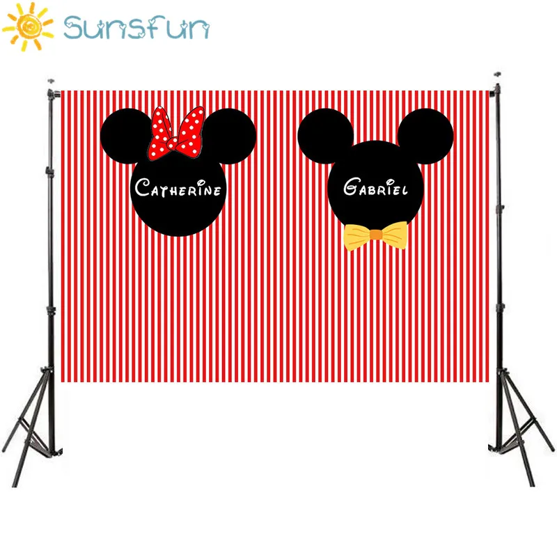 

Sunsfun Minnie Mouse Backdrop Baby Birthday Party Banner Photography Background Red Stripe Bow Decoration Photobooth Custom