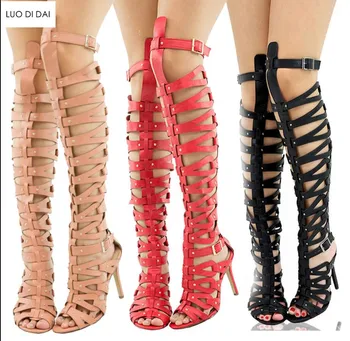 

2020 fashion women thigh high boots women summer booties thin heel leather boots lady party shoes cuts out mujer botas