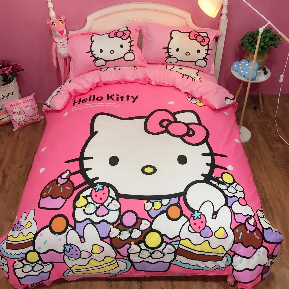 

Hello Kitty Printed Bedding Set For Girls/Kids Candy Color Cotton Duvet Cover flat Sheet Pillowcase Twin Queen king Cat Bedding
