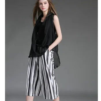 

Summer Wear New Wide-Legged Pants Long Irregular Blouse Suit Women Sleeveless Chiffon Unlined Top Loose Fashion Stripe Pants