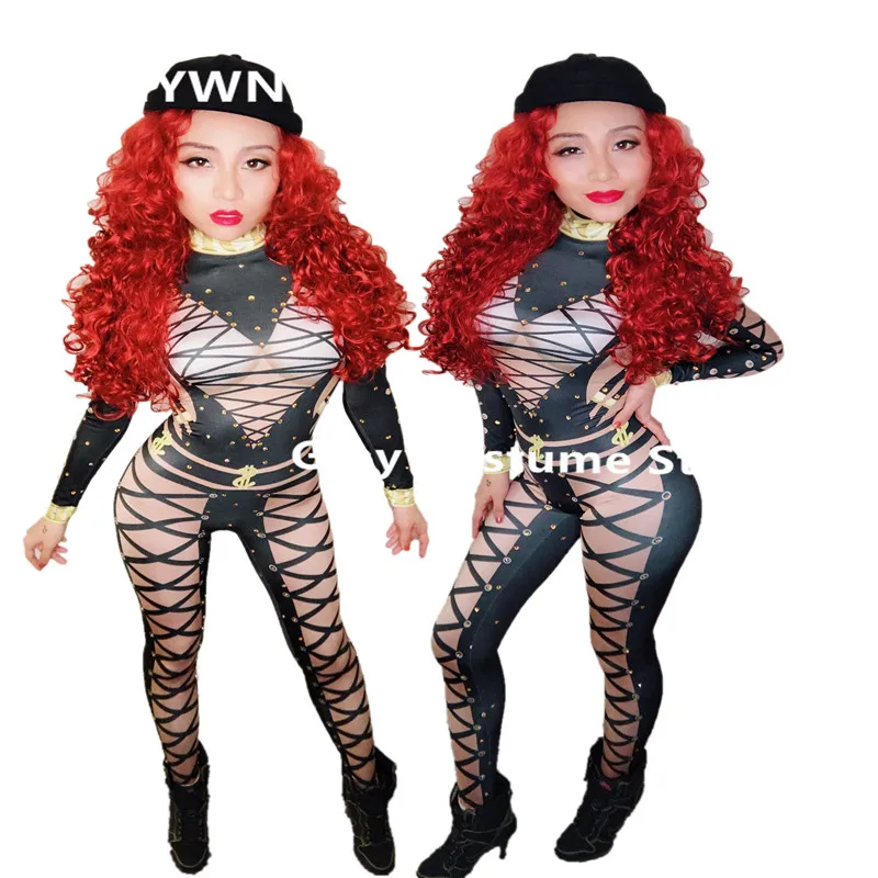 

D64 Ballroom dance printed bodysuit women stage show wears model dresses dj bar dance costumes proom jumpsuit ds outfits clothes