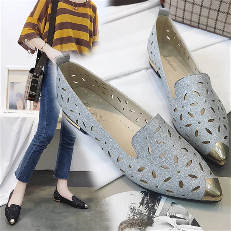 

Fashion Luxury Designer Crystal Women's Flat Shoes Comfortable Ladies Hollow Shallow Mouth Female Pointed Shoes Chaussure Femme