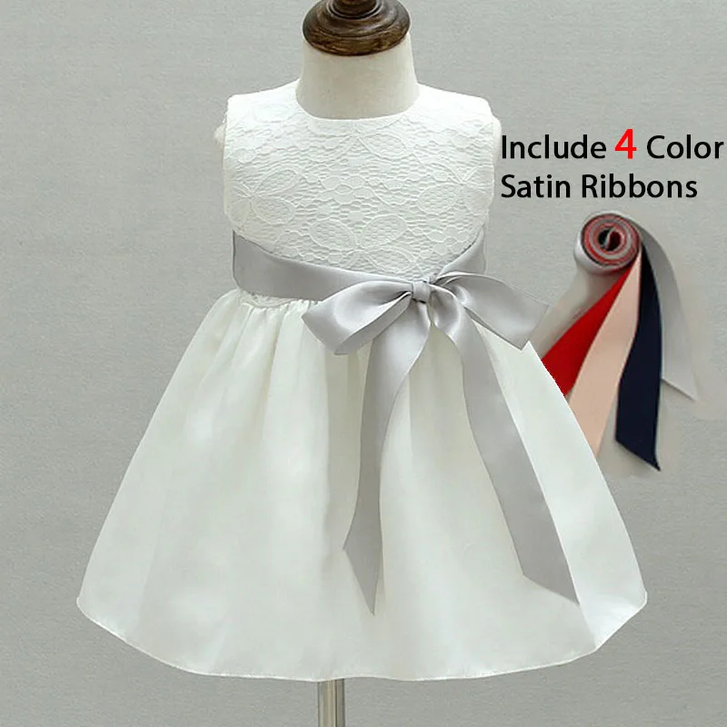 

Baby White Baby Girl Dress for Baptism Christening Gowns Infant 1 Birthday Dress Lace Flower Girl Party Dress 4 Satin Ribbons