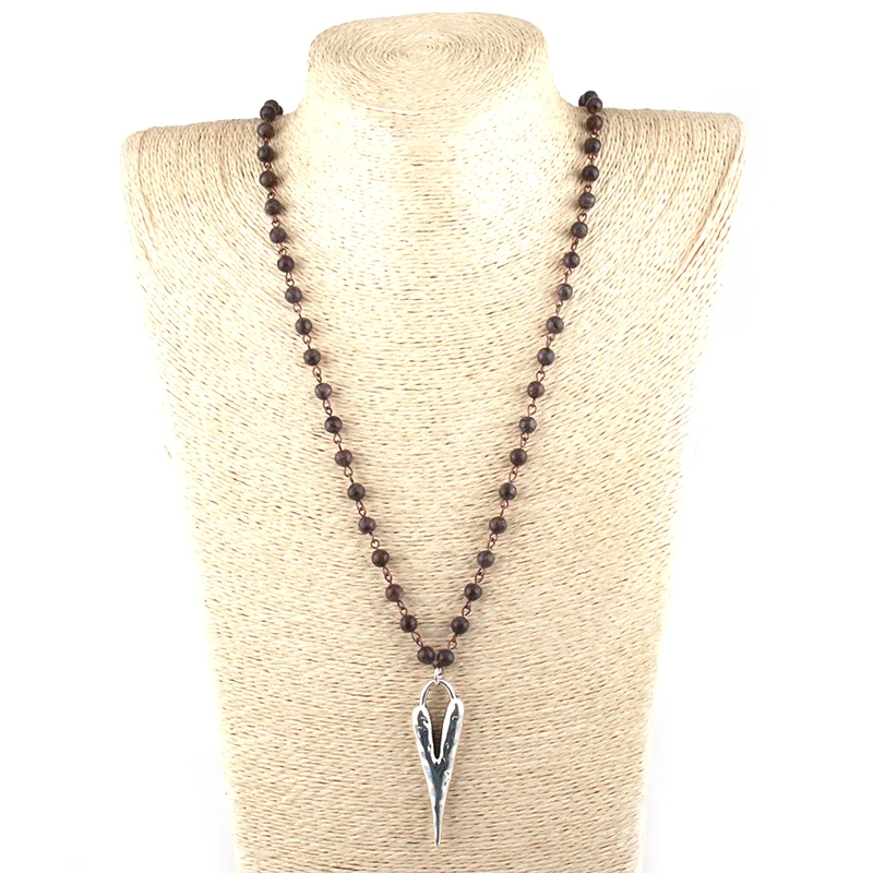 

MOODPC Fashion Bohemian Jewelry 6mm Stone Rosary Chain Metal Heart Pendant Ethnic Necklace