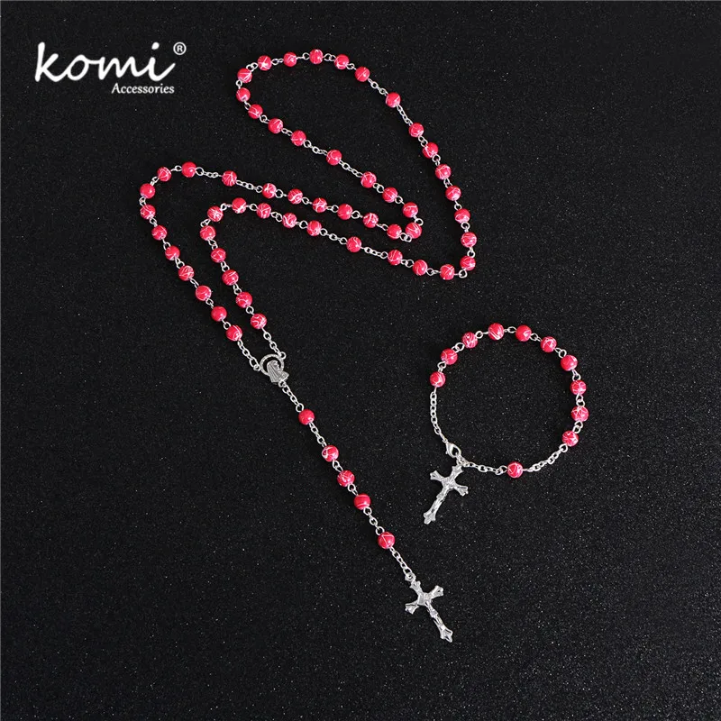 

KOMi New Fashion Hand Bead Necklace Bracelet Set Catholic Rosary With Holy Soil Charm Crucifix Prayer Religious Jewelry R-119