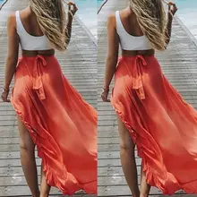 Женские богемные шифон, высокая талия юбки нерегулярная летняя пляжная юбка галстук пояса длинные оборки Цветочные Сплит юбка