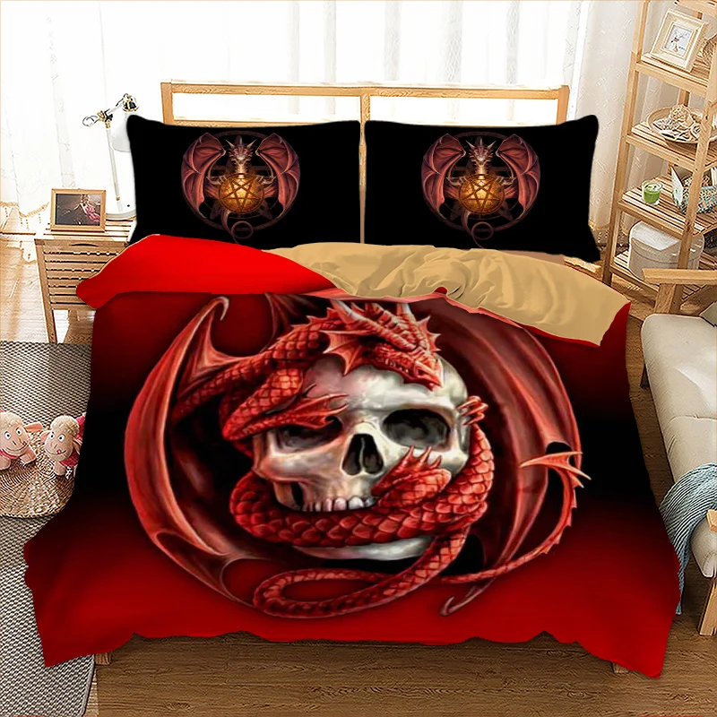 

Skull Duvet Cover Pillow Cases Single Double Queen King Twin Full Queen King Size Dragon Bed Linen Set For Children 3pcs