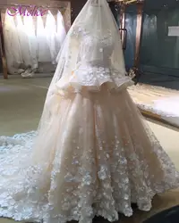 Fmogl Гламурные Аппликации кружевные цветы принцесса свадебные платья 2019 с грубоким круглым вырезом и бисером с длинным рукавом свадебное