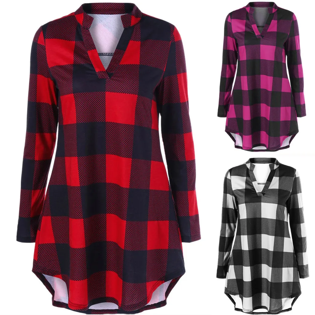 

Autumn Fashion Plus Size Women Top V-Neck Loose Long Sleeve Long Classic Plaid Print Casual Female Blouse Shirts L-4XL #1972
