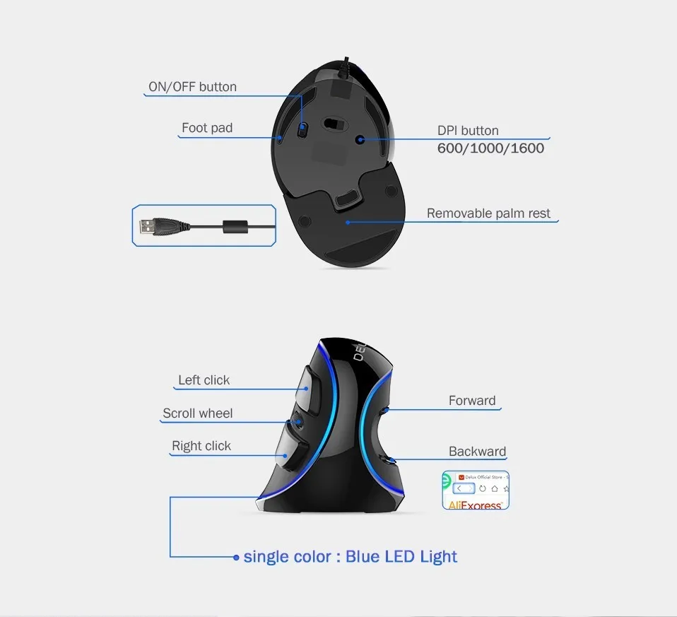 Delux M618 Plus, эргономичная Вертикальная проводная мышь, 6 кнопок, 1600 точек/дюйм, синяя светодиодная подсветка, компьютерные мыши с подставкой для рук, для ПК, офиса