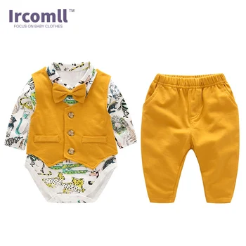 

Fashion Baby Boys Gentleman Clothes Sets Hight Quality Cotton New Year Yellow Zoo Bow Tie Newborn Baby Boy Vest+Jumpsuit+Pants