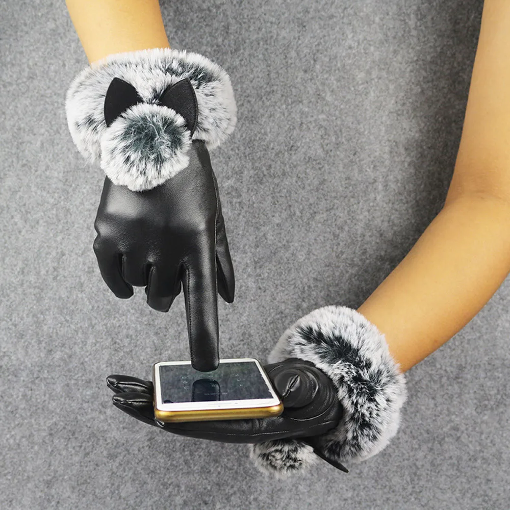 Для женщин Зимние перчатки модная Имитация кожаных перчаток осень-зима с украшением в виде кошачьих ушек теплые варежки перчатки с жесткими защитными вставками, размеры